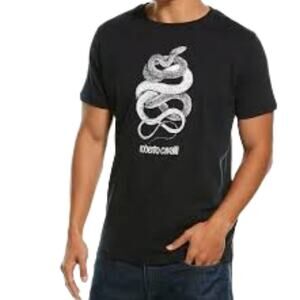 ROBERTO CAVALLI Snake Graphic Short Sleeve Crew Neck Fitted Tee Black White SZ L